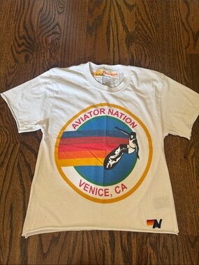 Aviator Nation White Crew Tee with Multi-Color Venice Circle Graphic